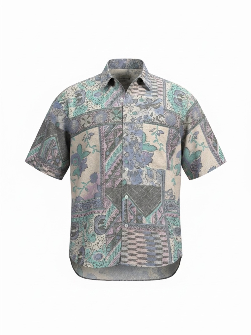 VINTAGE 80s Floral & Geometric Patchwork Short-Sleeve Button Shirt